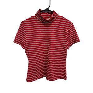 Copper Key Red White Striped Short Sleeve Mock Neck Top Size Large Modern Casual